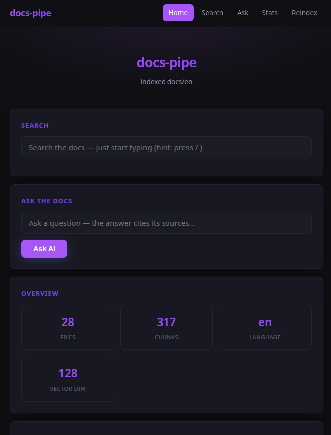 docs-pipe dashboard — live search, ask, and stats