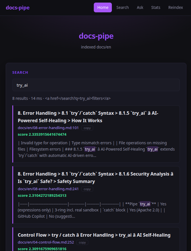 Live search, matched terms highlighted